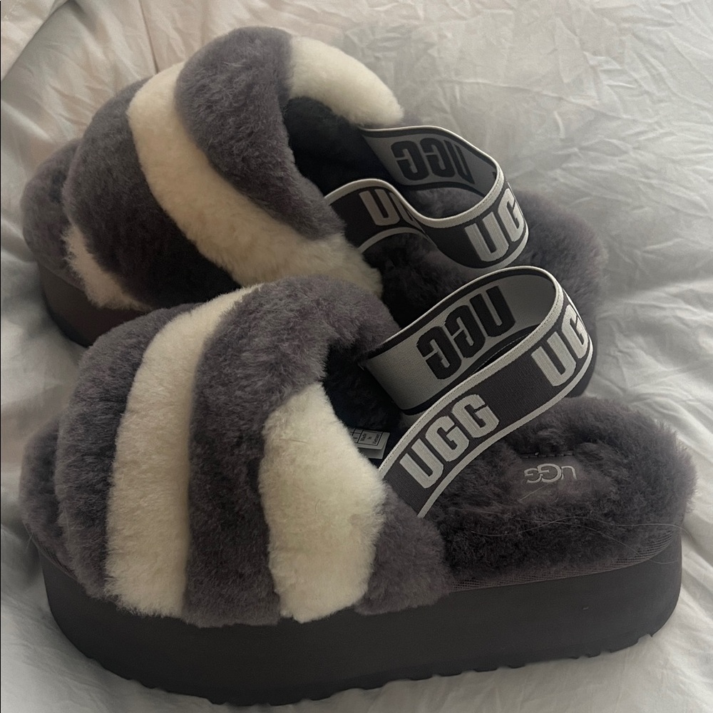 UGG Gray and Cream Fluffy Platform Sandals